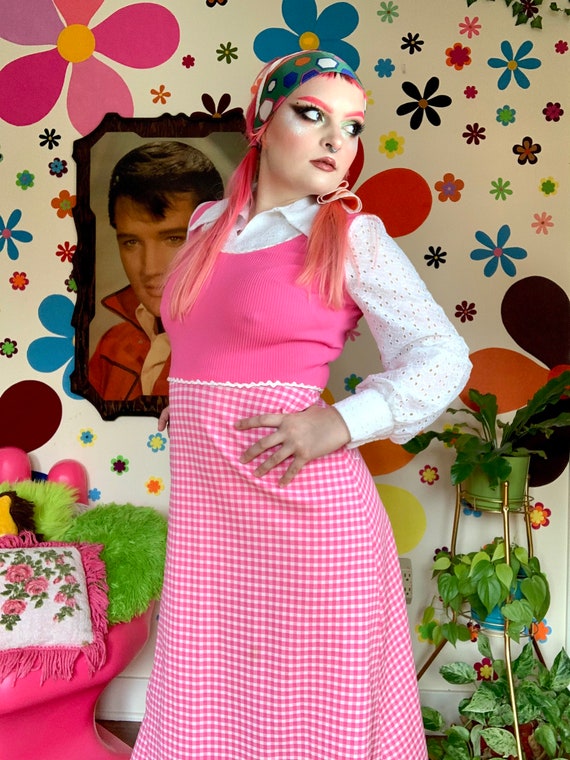 70s pink gingham picnic print dagger lace collar m