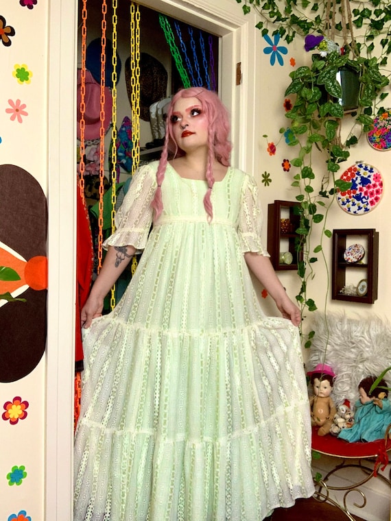 Green shiny lace 1970s maxi dress