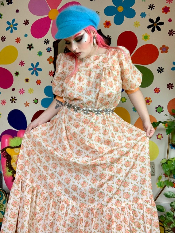 70s orange maxi floral dress