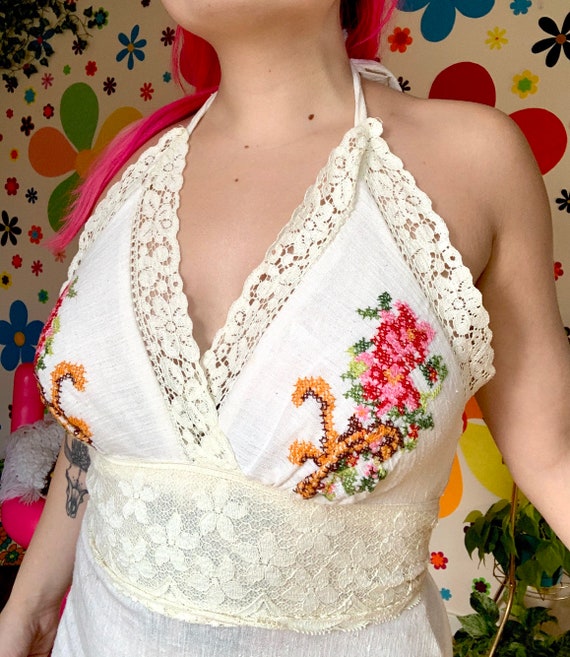 70s embroidered halter cream dress
