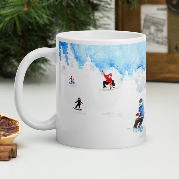 Snowboarding Watercolor Art Mug, Gift for Snowboarder, Winter Sports Mug, Ski Mug, Snowboard Art, Ski Mug, Ski Lodge Snowboard Cup