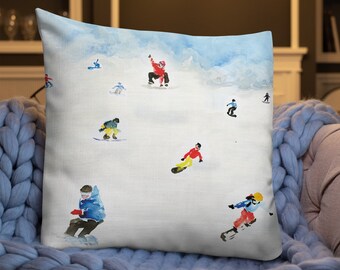 Snowboarding Watercolor Art Premium Pillow, Gift for Snowboarder, Winter Sports, Ski, Snowboard Art, Ski Mug, Ski Lodge Snowboard,