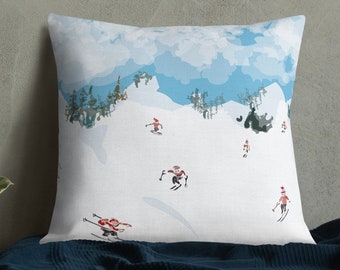 Premium Ski Decor Pillow, Winter Snow Ski Scene