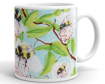 Bees & Baobab Pollinator, Save the Bees, Watercolor Art Print White glossy mug