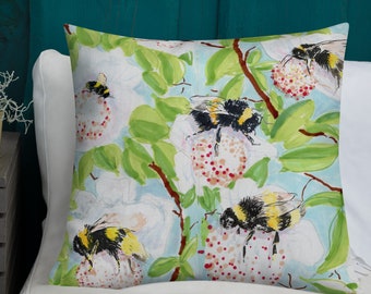 Honey Bee & Baobab Flowers Pollinator, Save the Bees, Watercolor Art Print Decorative Pillow