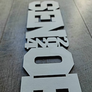 May include: White wooden letters spelling out the word "SENIOR" in a vertical stack. The letters are cut out and have a black outline.