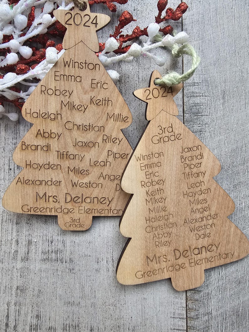 May include: Two wooden Christmas tree ornaments with the year 2024 at the top. The ornaments are decorated with the names of students and the teacher, "Mrs. Delaney", and the school name, "Greenridge Elementary".