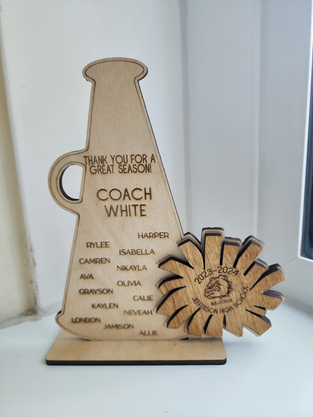 Cheerleading Trophy Custom Cheer Coach Gift Megaphone Wood Etsy