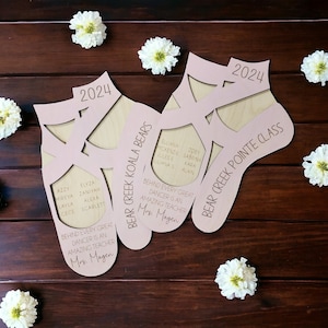 May include: Four pink wooden ballet shoe-shaped signs with the text "Bear Creek Koala Bears" and "Bear Creek Pointe Class" and the year "2024". The signs have a list of names and the text "Behind every great dancer is an amazing teacher, Mrs. Magen".