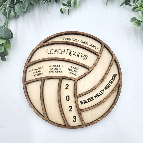 Personalized Volley Coach Plaque, Thank You Volleyball Gift, Layered Wood plaque, team award, Player Stats senior gift, Chestnut stain Wood