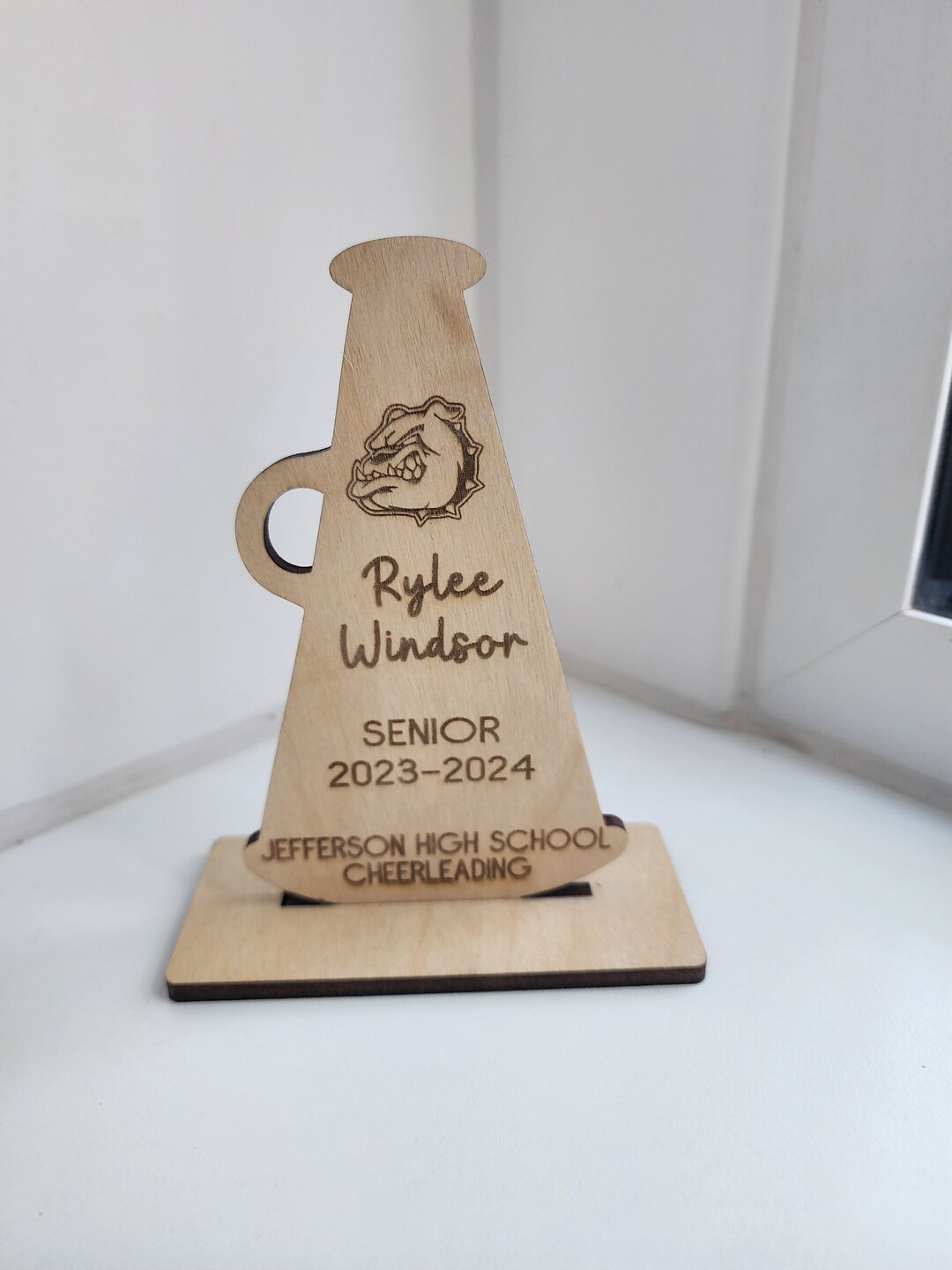 Cheerleading Trophy, Custom Cheer Megaphone, Wood Plaque for Seniors, Team Gift, Football