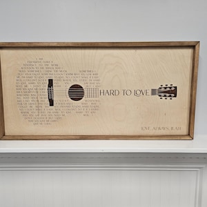 Custom Song Lyrics Guitar Sign • Laser Engraved Wood Wall Art • Personalized Music Gift • Anniversary • Wedding Gift • Handmade Framed Sign Golden Oak Stain