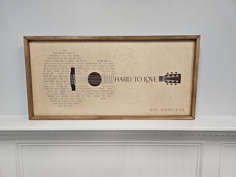 Custom Song Lyrics Guitar Sign • Laser Engraved Wood Wall Art • Personalized Music Gift • Anniversary • Wedding Gift • Handmade Framed Sign Golden Oak Stain