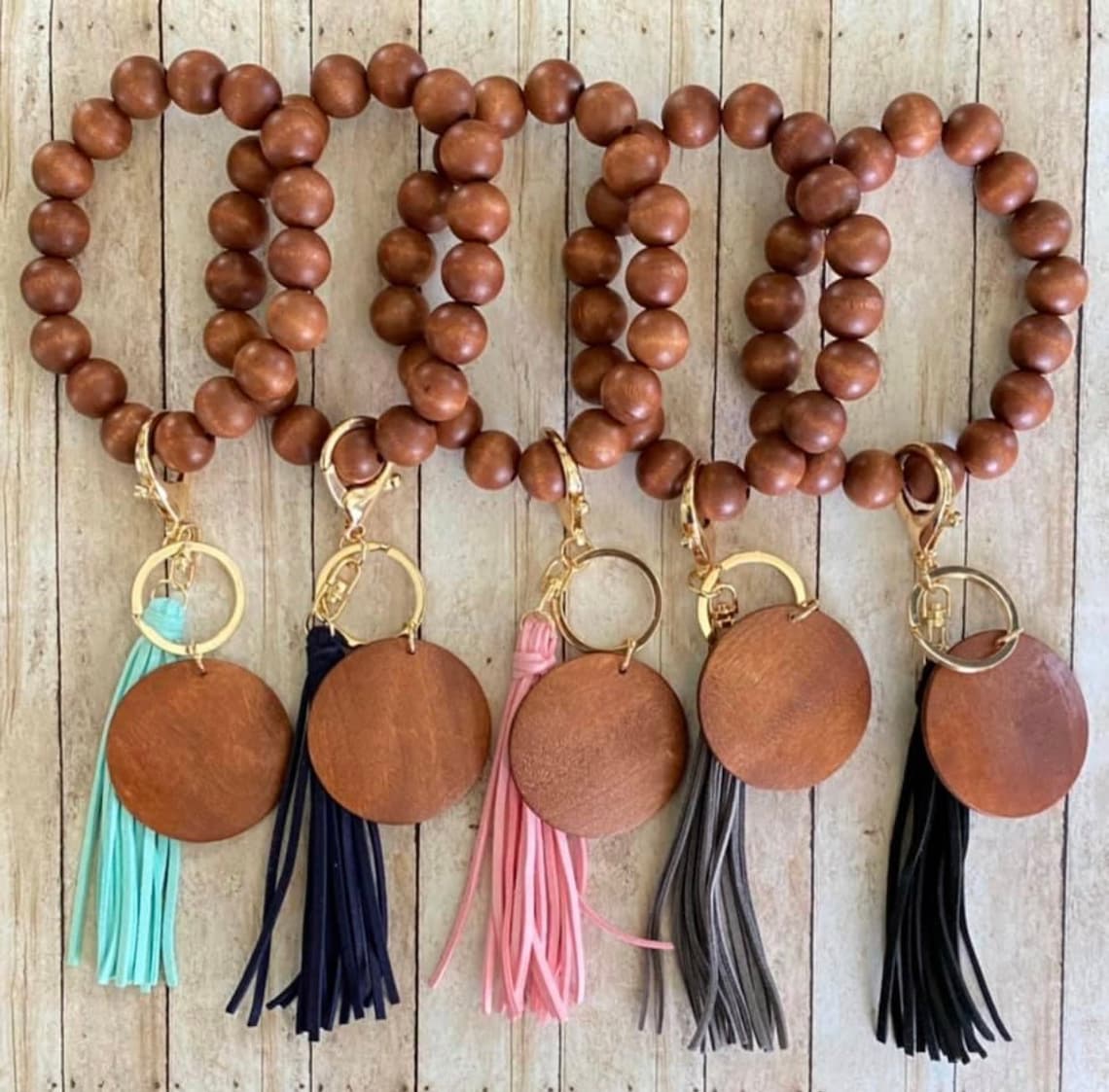 Personalized wristlet keychain Wood beaded bracelet keychain Etsy