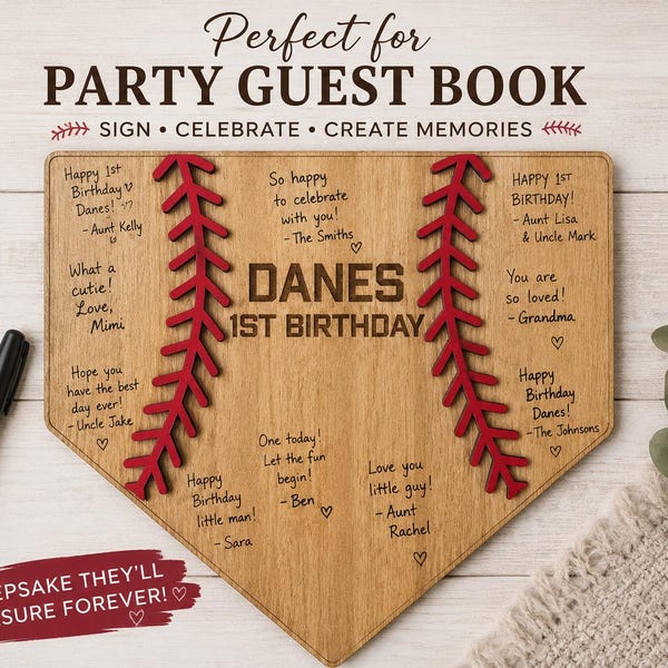 Personalized Baseball Guest Book Sign | Custom Baseball Guest Book | Home Plate Signature Board | First Birthday Party Decor Keepsake