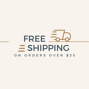 May include: Free shipping on orders over $35. A brown line drawing of a delivery truck with a speed line above it. The text "FREE SHIPPING" is in dark blue with three horizontal lines below the word "SHIPPING".