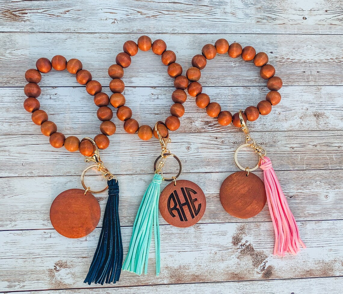 Personalized wristlet keychain Wood beaded bracelet keychain Etsy