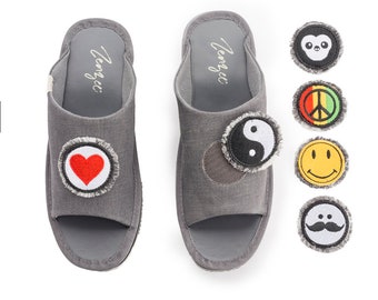 Denim Platform Slide Sandals with Changeable Patches