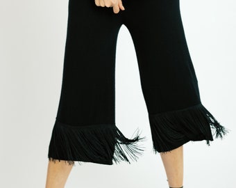 Cashmere Wide Leg Pants with Fringe