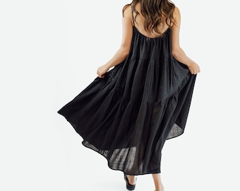 Cotton Linen Patchwork Dress / Black