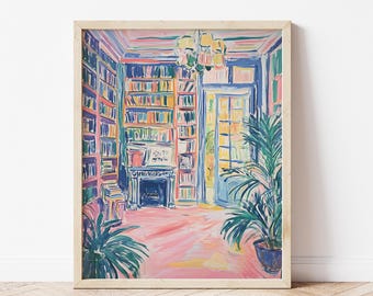 Puede incluir: Una pintura colorida de una habitación con una chimenea, estanterías y una puerta que conduce a un jardín. La habitación está pintada en tonos de rosa, azul y verde.