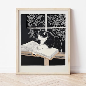 Arte impressa de livro de leitura de gato, arte de gato, arte literária, pôster de gato, pôster de leitura, livros de leitura de gato, presentes para amantes de livros DOWNLOAD DIGITAL