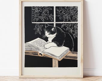 Impresión artística de gato leyendo un libro, obra de arte de gato, obra de arte de libros, póster de gato, póster de lectura, gato leyendo libros, regalos para amantes de los libros DESCARGA DIGITAL