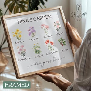 Personalized Nina's Garden Sign Framed Print - Birth Flower Gift for Nina - Custom Grandkids Names - Mother’s Day Gift for Nina