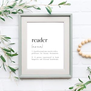 Impresión de arte de pared con definición de lector, póster de libros, obra de arte de libros, obra de arte del rincón de lectura, póster de lectura, regalos para amantes de los libros DESCARGA DIGITAL