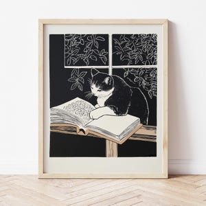 Cat Reading Book Art Print, Cat Artwork, Bookish Artwork, Cat Poster, Reading Poster, Cat Reading Books, Book Lover Gifts, Reading Corner