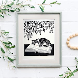 Sleeping Kitten Book Art Print, Cat Artwork, Bookish Artwork, Cat Poster, Reading Poster, Cat illustration, Book Lover Gift DIGITAL DOWNLOAD