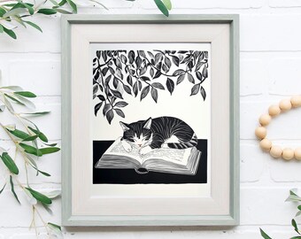 Impresión artística del libro Gatito durmiendo, obra de arte de gato, obra de arte de libros, póster de gato, póster de lectura, ilustración de gato, regalo para amantes de los libros DESCARGA DIGITAL