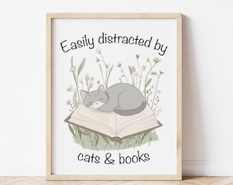 Easily Distracted by Cats and Books Art Print, Cat Artwork, Bookish Artwork, Cat Poster, Cat Illustration, Book Lover Gift DIGITAL DOWNLOAD