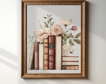 Calming Colors Stack of Books, Botanical Books Wall Art, Bookish Artwork, Library Artwork, Reading Poster, Vintage Book Art DIGITAL DOWNLOAD