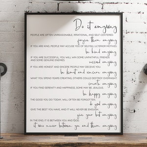 Do It Anyway Mother Teresa Wall Art,  UNFRAMED Quote Print, Minimalist Wall Decor, Christian Wall Art, Classroom, Kids Room, Kitchen