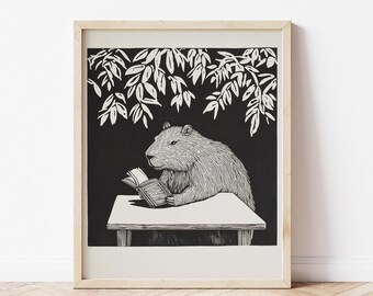 Reading Capybara Art Print, Capybara Artwork, Bookish Artwork, Capybara Poster, Reading Poster, Capybara illustration DIGITAL DOWNLOAD