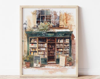 Bookshop Exterior Watercolor Art Print,  Bookish Poster, Bookish Artwork, Library Print, Reading Poster, Book Lover Gifts DIGITAL DOWNLOAD