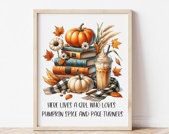 Lámina artística Pumpkin Spice and Page-Turners, arte para habitación de niña, póster literario, obra de arte literaria, póster de lectura, regalo para amantes de los libros DESCARGA DIGITAL