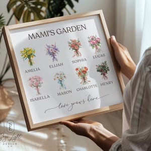 Personalized Mami&#39;s Garden Sign Framed Print - Birth Flower Gift for Mami - Custom Grandkids Names - Mother’s Day Gift for Mami