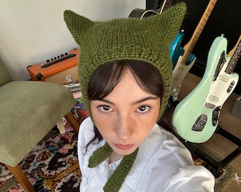 PATTERN for an elevated, adult knitted cat hat / kitty ears bonnet that ties under the chin