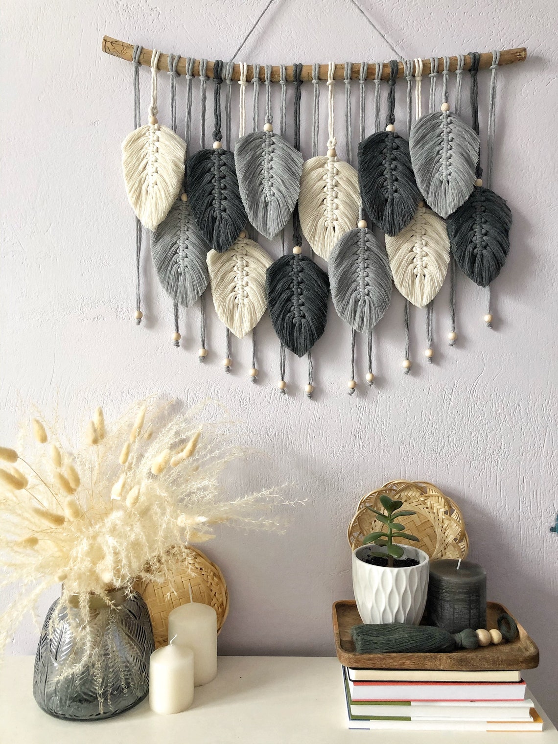 Gray macrame leaves modern wall hanging is bohemian wall art. Etsy