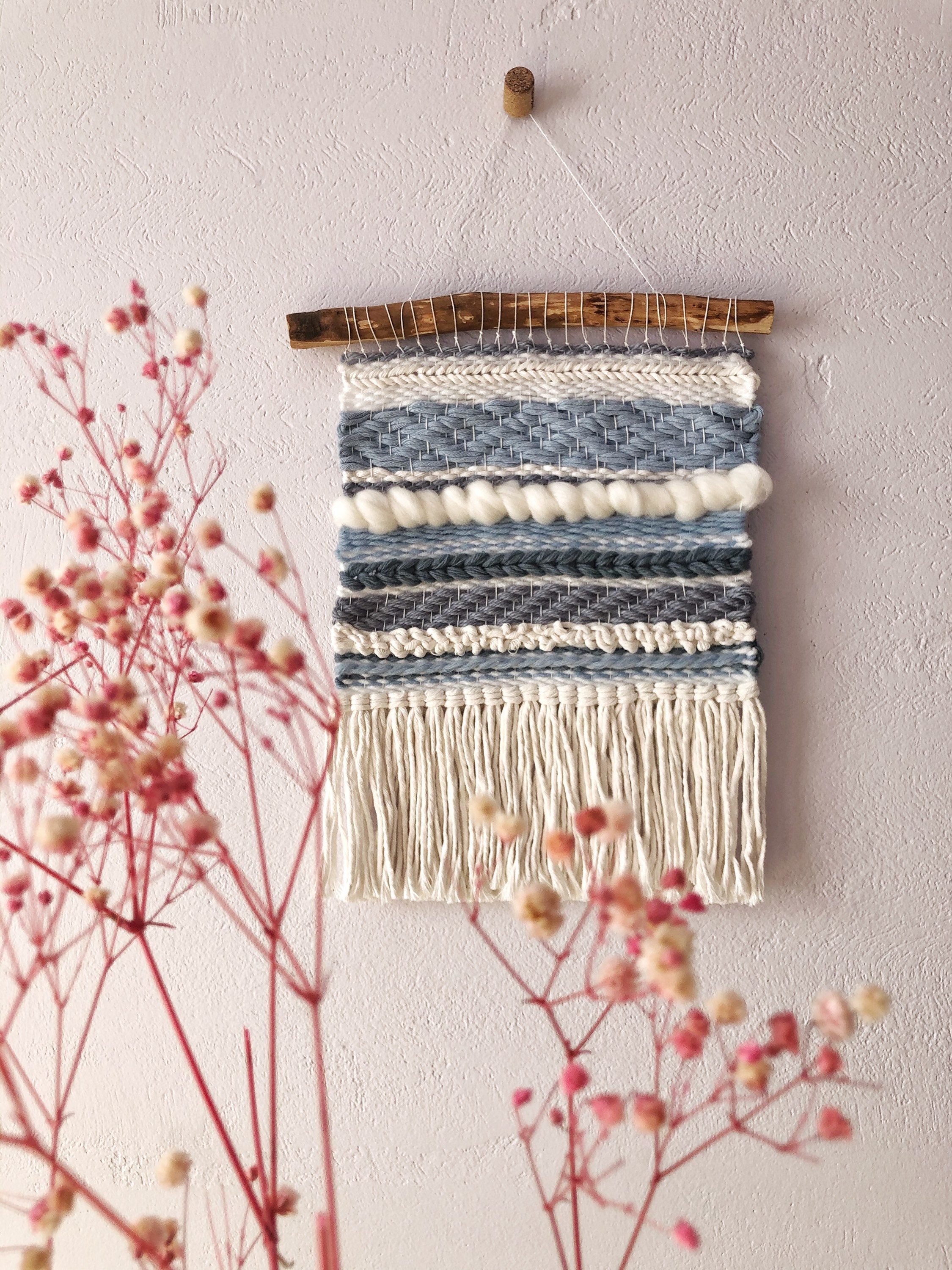 Blue and Grey Woven Wall Hanging is a Boho Weaving. Colorful Etsy