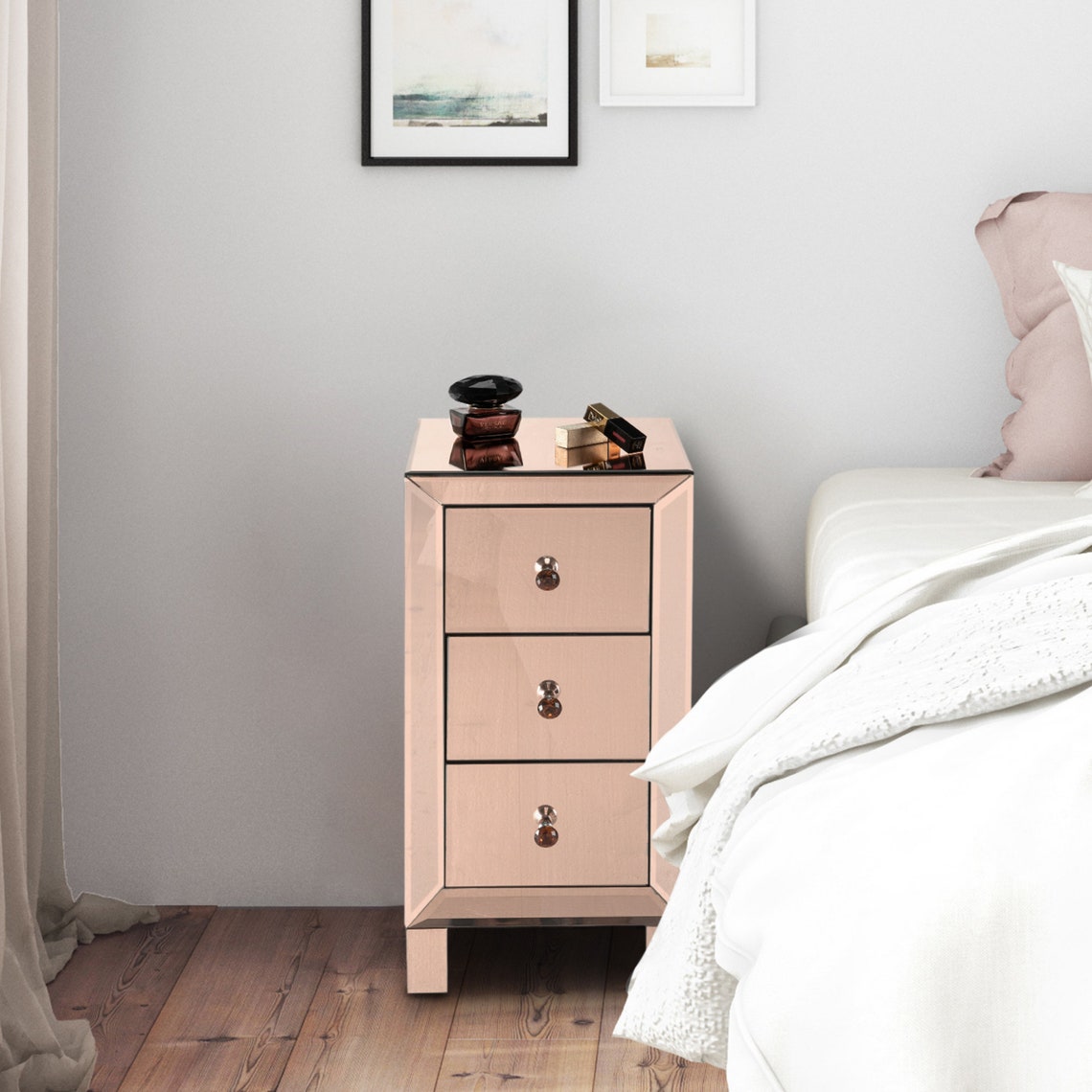 Mirrored Rose Gold Nightstand 3Drawers Bedside Table Etsy