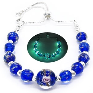 Sapphire Blue Glow in the Dark Firefly Beads Bracelets, Adjustable Murano Glass Beads Bracelet Mermaid Moonstone Glow Firefly Beaded Jewelry