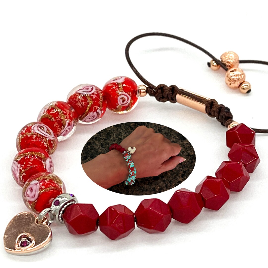Firefly Beads With Red Coral Gemstone Beads Bracelet, Glow in the Dark