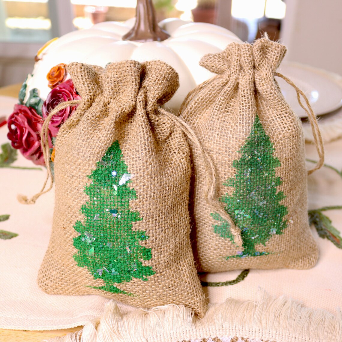 6 Pcs 5x7 Christmas Tree Burlap Drawstring Bags Natural Etsy