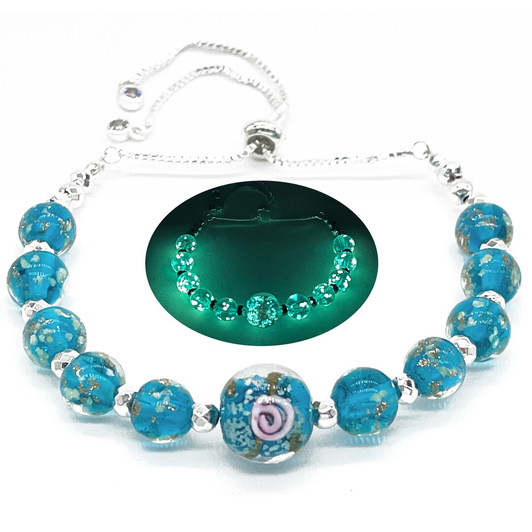 Ocean Blue Glow in the Dark Firefly Beads Bracelets, Adjustable Murano