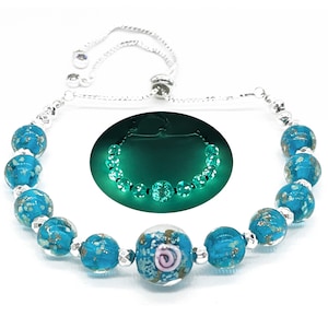 Ocean Blue Glow in the Dark Firefly Beads Bracelets, Adjustable Murano Glass Beads Bracelet Mermaid Moonstone Glow Firefly Beaded Jewelry