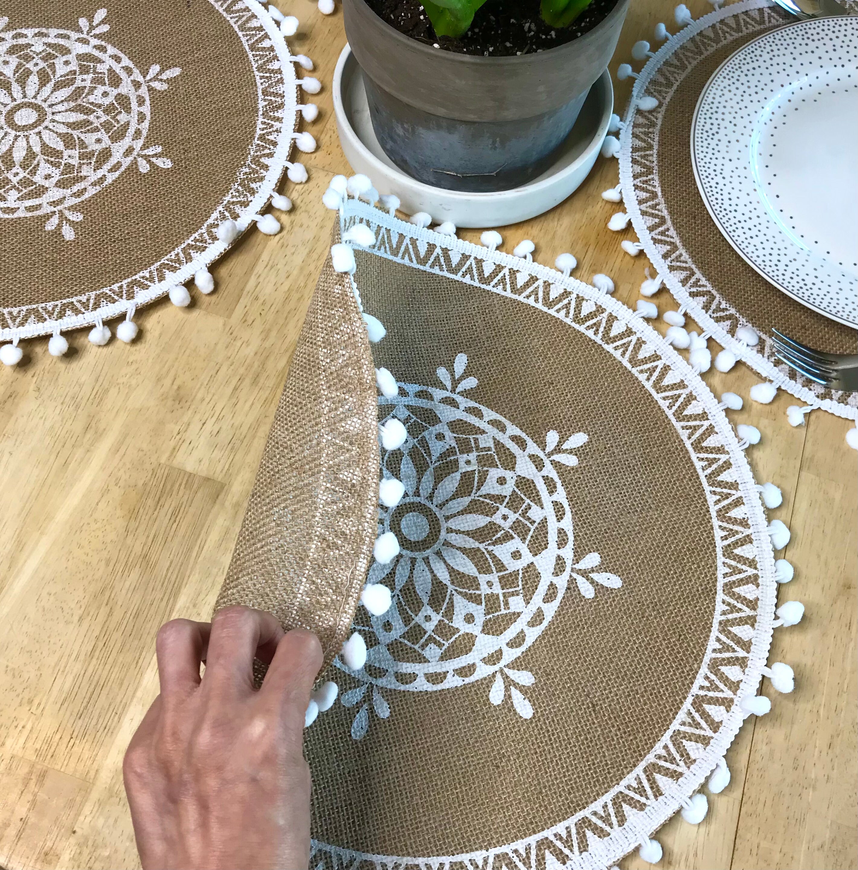 Set of 8 Round Placemats With Pom Pom 14 Burlap Etsy