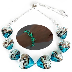 Pulsera de cuentas de vidrio que brillan en la oscuridad con forma de corazón del océano, cuentas de vidrio de Murano, cuentas de luciérnaga, pulseras de corazón de amor con cadena deslizante ajustable